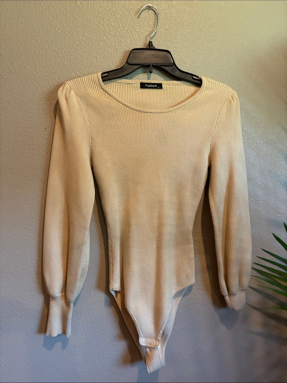 Neutral Cream Ribbed Long-Sleeve Bodysuit